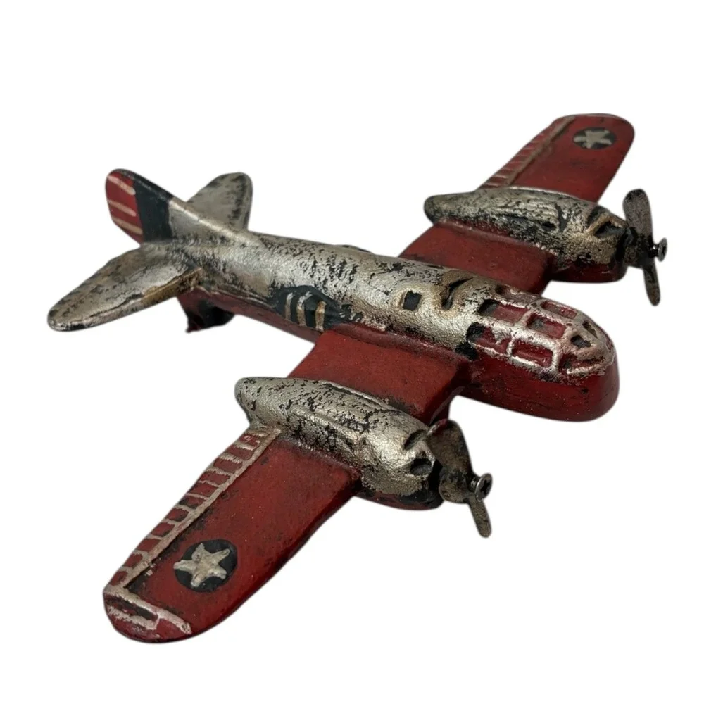 Vintage Cast Iron WWII Toy Airplane Bomber B22 Red Silver Twin Propellers Driven